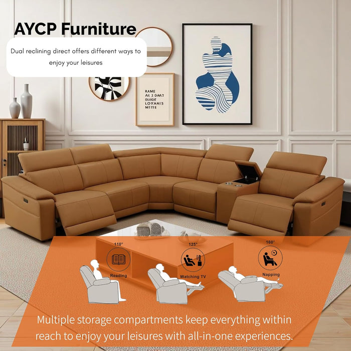 Power Recliner Sectional Sofa Set with USB Ports, Flannel Recliner Sofa Set with Adjustable Headrest, Reclining Sectional Couches, L-Shaped Living Room Furniture Set (Ginger, 5-Seater)