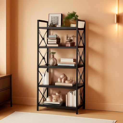 Folding Bookshelf 5 Tiers,No Assembly,Industrial Metal Storage,Black | 55.3''H Vintage Wood Collapsible Foldable Bookcase,Metal Storage Rack Organizer for Living Room, Bedroom, Home Office