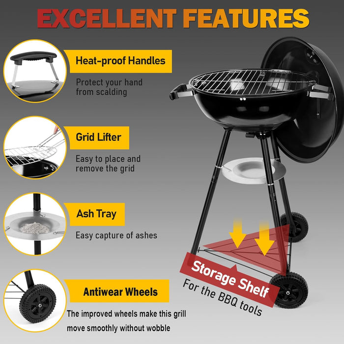 Kettle Charcoal Grill (18 Inch), Outdoor Barbecue Grill for Camping/Backyard/Tabletop Grilling, Portable round Smoker with Wheels, Enameled Lid & Fire Bowl, Dual Venting System, Black