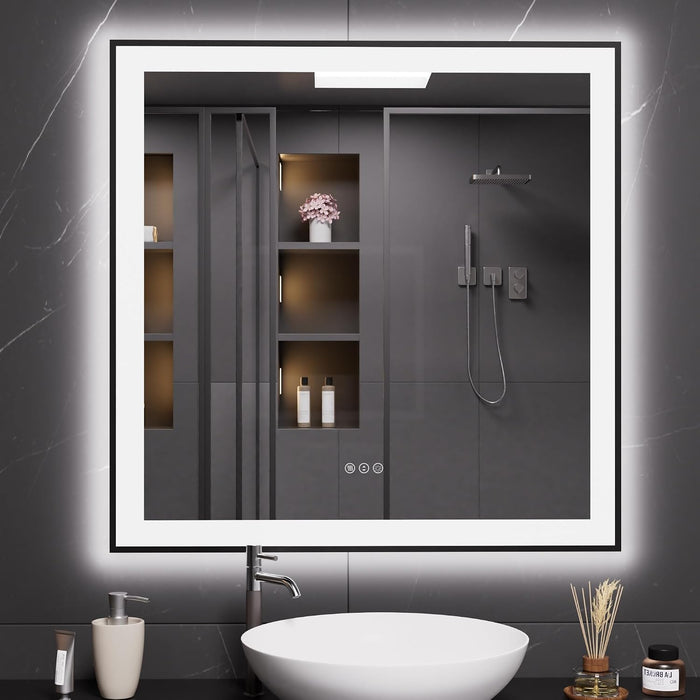 36"X36" LED Bathroom Mirror Black Framed