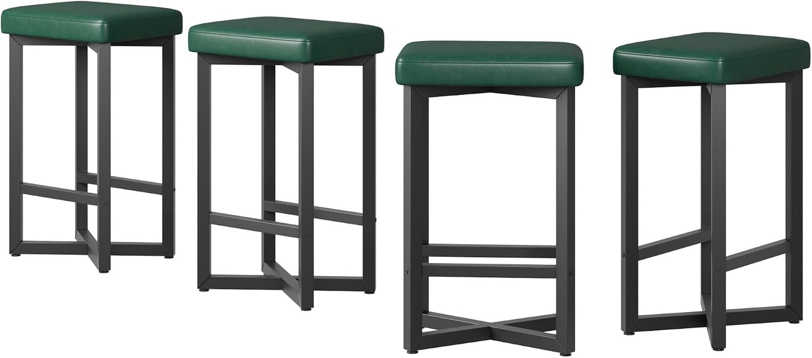 24.6" Bar Stools Set of 4 with PU Leather Upholstered Seats, Green | Counter Height Bar Stools with Metal Frame & Footrest, Modern Backless Kitchen Barstools for Home Bar, Dining Room