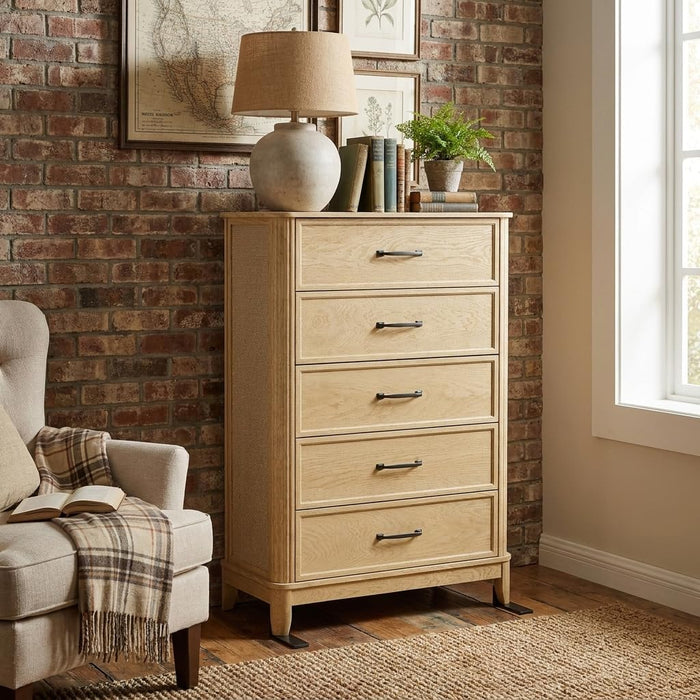 5 Drawer Dresser for Bedroom, Modern Farmhouse Chest of Drawers with Rattan Side Panels, Wooden Storage Cabinet with Metal Handles, Solid Wood Legs & Anti-Tip Kit for Living Room, Natural Wood