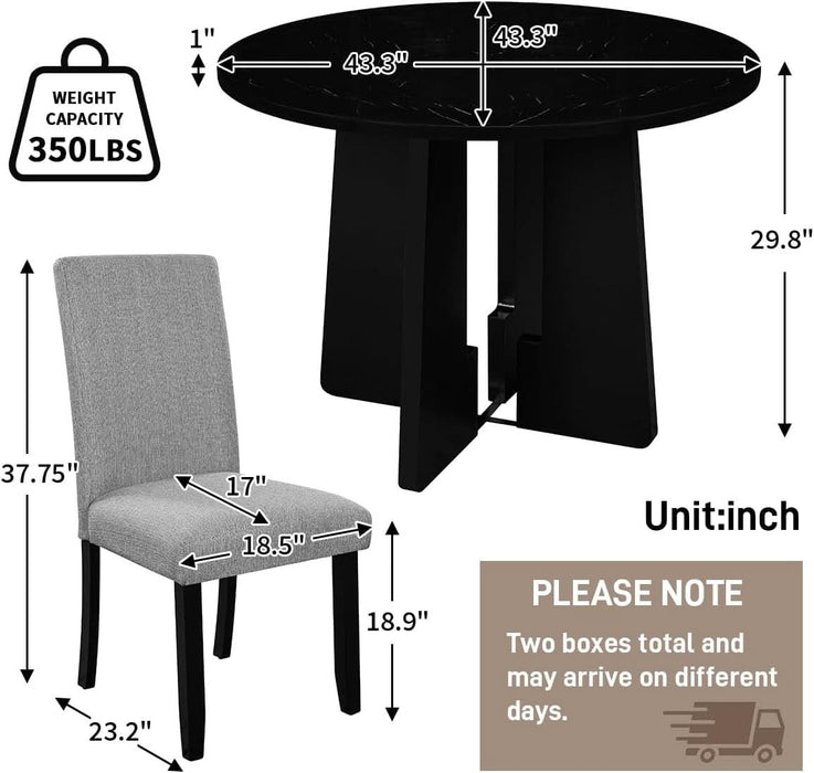 5-Piece round Dining Table Set, Modern 4 Upholstered Chairs for Living,Kitchen Room, 43 Inch, Grey+Black