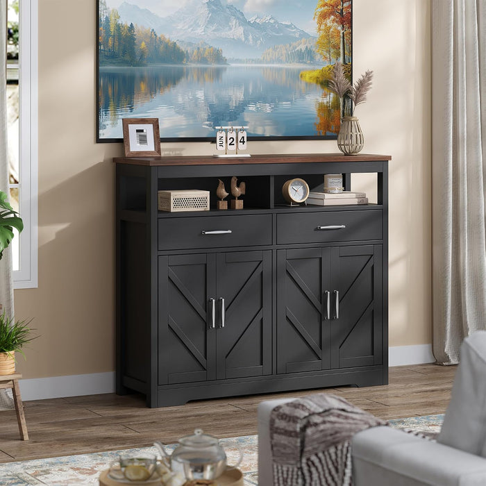 Sideboard Buffet Cabinet with Storage & Shelves, Farmhouse Kitchen Storage Cabinet Wood Coffee Bar Sideboard Cabinet with 4 Doors for Kitchen, Living Room, Entryway, 47" W Black