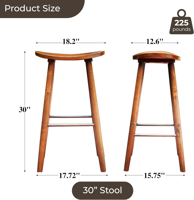 Nora 30" Backless Bar Stool, Solid Rubber Wood, Brown Finish, Saddle Seat for Kitchen or Bar