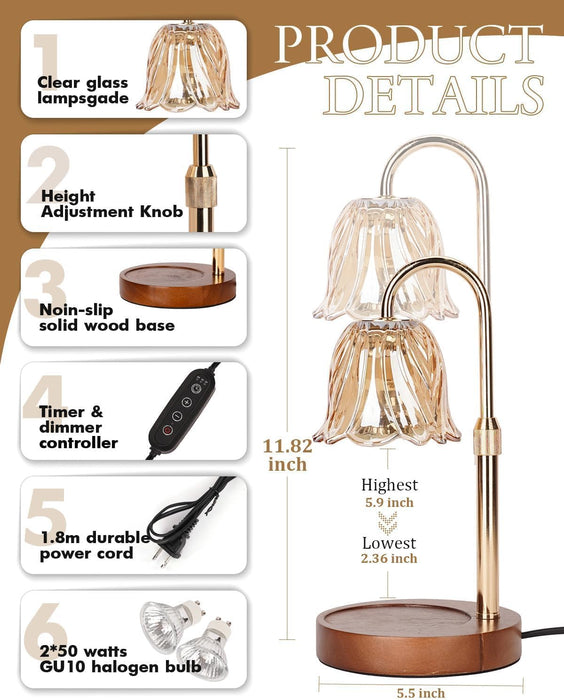 Candle Warmer Lamp, Gold Candle Lamp Warmer with Timer & Dimmer with 2 Bulbs, Birthday Gifts for Women Mom, Christmas Gifts, House Warming Gift New Home Bedroom Decor, Height Adjustable