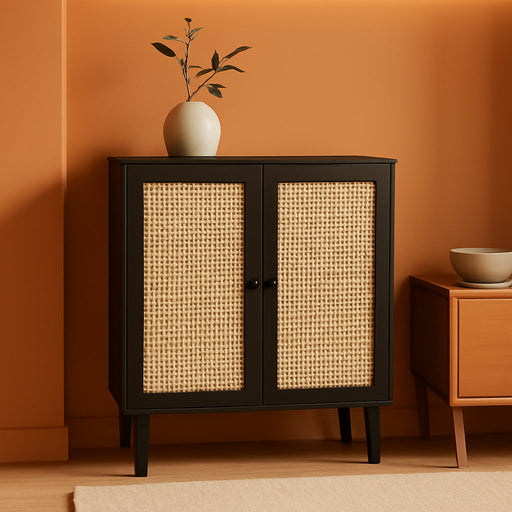Buffet Cabinet with Storage, Storage Cabinet with Synthetic Rattan Decor Doors, Accent Cabinet with Solid Wood Feet, Sideboard Cabinet for Hallway, Entry, Living Room, Black