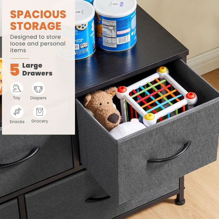 Dresser for Bedroom with 5 Drawers, Anti-Tip Wide Fabric Chests Storage Organizer Tower Furniture, TV Stand for TV up to 45 Inch with Wooden Top Metal Frame for Clothes, Living Room, Hallway, Entryway