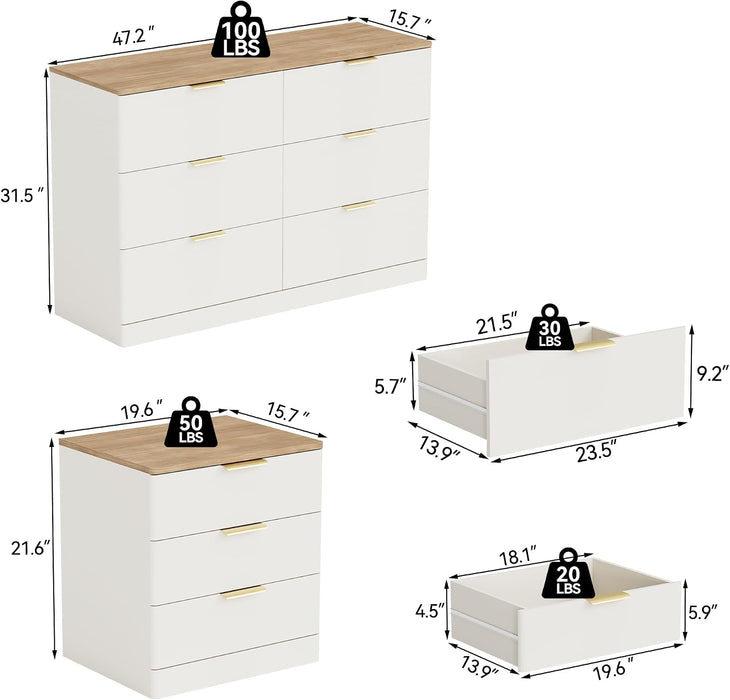 6 Drawer Dresser for Bedroom, 47.2" Wide Modern Chest of Drawers with 6 Large Storage Space with Curved Edge Design, Large Dresser W/Gold Metal Handles for Bedroom,White & Brown