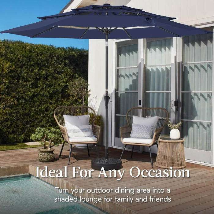 Best Choice Products 10Ft 3-Tier Market Patio Umbrella, Outdoor Sun Shade with Tilt, Crank Lift, 8 Ribs for Backyard, Deck, Poolside – Navy Blue