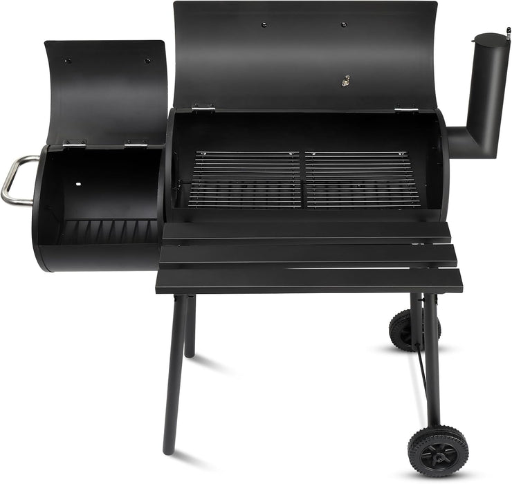 Large Charcoal Grill with Offset Smoker and Wood-Painted Side Table, Outdoor Smoker Grill with 811 Sq. In. Cooking Area for Outdoor Patio Barbecue Camping Parties Event, Black