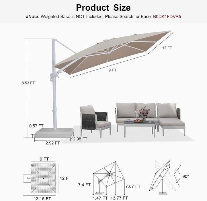 Cantilever White Umbrella 9' X 12' Left and Right Tilt, Beige