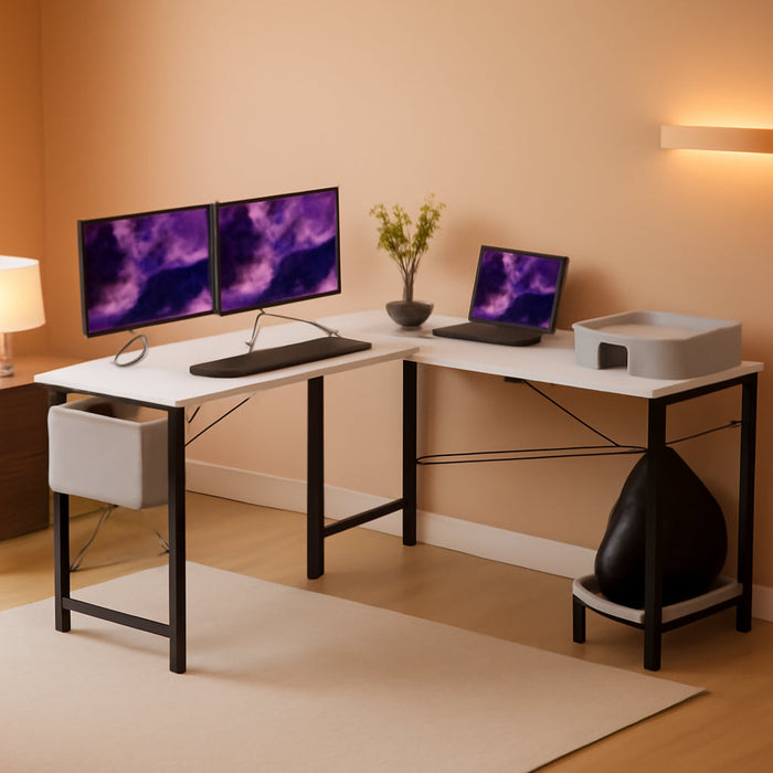 L Shaped Computer Desk - Gaming Corner 50 Inch PC White Writing Study Student Table with Wooden Desktop CPU Stand Side Bag Reversible for Home Office Room Small Space, White