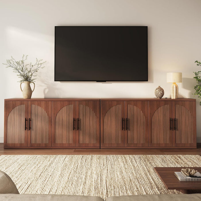 63" Fluted Buffet Cabinet with Storage, Mid-Century Symmetrical Arched Sideboard Credenza with Adjustable Shelf, Large Wood Console Table for Dining Room, Kitchen, Living Room (Warm Walnut)