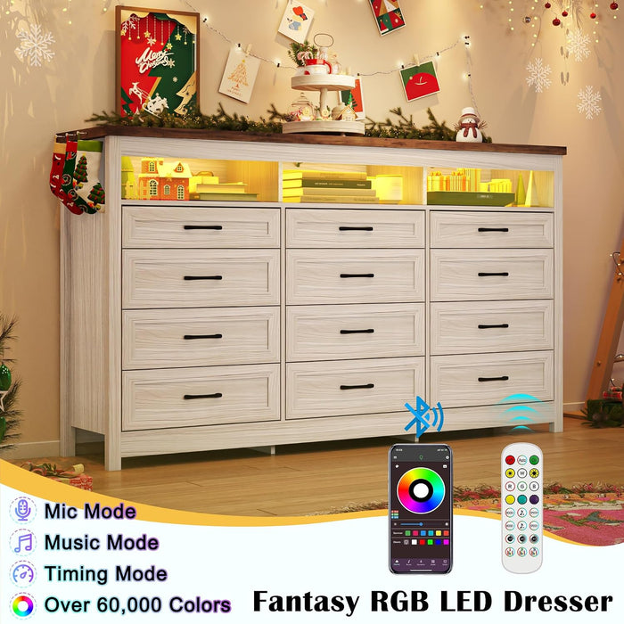 Farmhouse 12 Drawer Dresser with LED Lights, 71" Wide Large Chest of Drawers for Bedroom, Modern Wood Dresser Storage Organizer with Charging Station for Living Room, Bedroom, Hallway, Beige