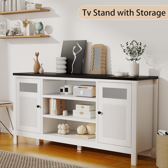 White TV Stand with Storage: 63" Tall Entertainment Center for Tvs up to 70 Inch, Long TV Consoles for Living Room, Modern Fluted Media Console with 2 Doors, Black Countertop (White)