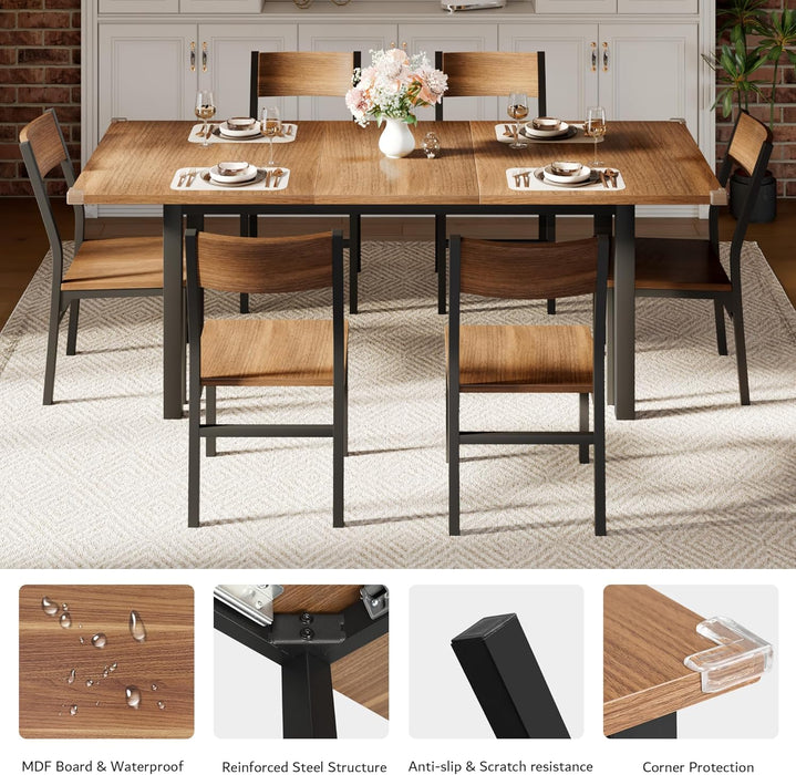 7-Piece Dining Table Set with 6 Chairs, 63" Extendable Kitchen Table & Chairs Set for 4-6, Dining Roomtable with Solid Metal Frame & MDF Board, Perfect for Small Space, Easy Assembly, Walnut