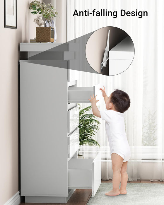 6 Drawer Dresser for Bedroom with LED Lights, White Modern High Gloss Chest of Drawers for Closet, Tall Drawer with Adjustable LED Light, for Living Room, Entryway, Dressing Room
