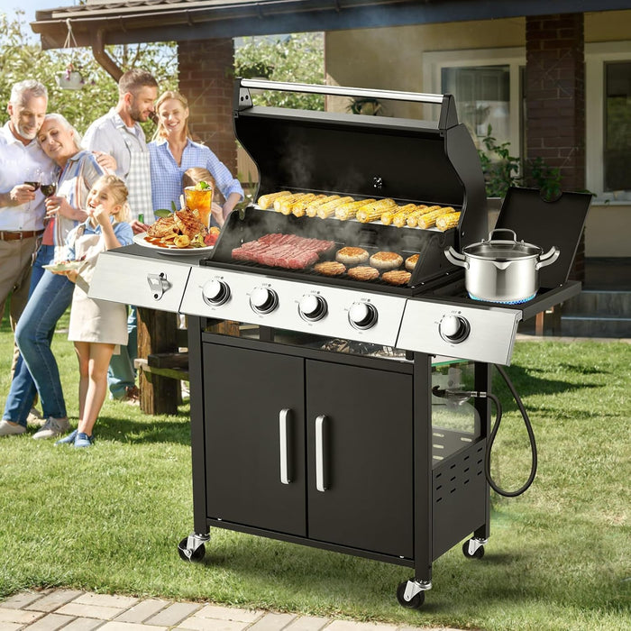 Upgraded 44,000 BTU Stainless Steel Burner Barbecue Grill, 4 Burner BBQ Propane Gas Grill with Side Stove & Cast Iron Grates for Patio, Camping, Outdoor Cooking