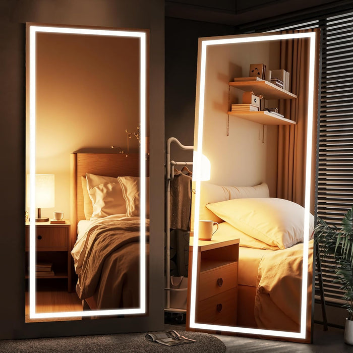 79" X 32" Full Length Mirror with Lights, Large LED Lighted Floor Standing Body Mirror, Dimmable & 3 Color Lighting for Bedroom, Cloakroom, Dressing Room, Tempered Glass, Black Frame