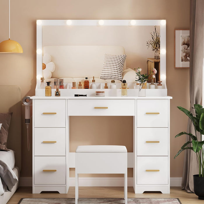 44" Vanity Desk with 38" Large Mirror and 9 LED Lights & Glass Top and Power Outlet, Makeup Vanity Set with 7 Drawers & Chair and RGB Ambient Light, Dressing Table for Bedroom, Modern White