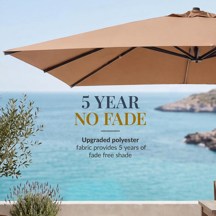 10X10Ft Cantilever Patio Umbrella, 5 Year Fade Resistant 260 GSM Canopy, Smooth Tilt Adjustment, and Aluminum Frame - Tan