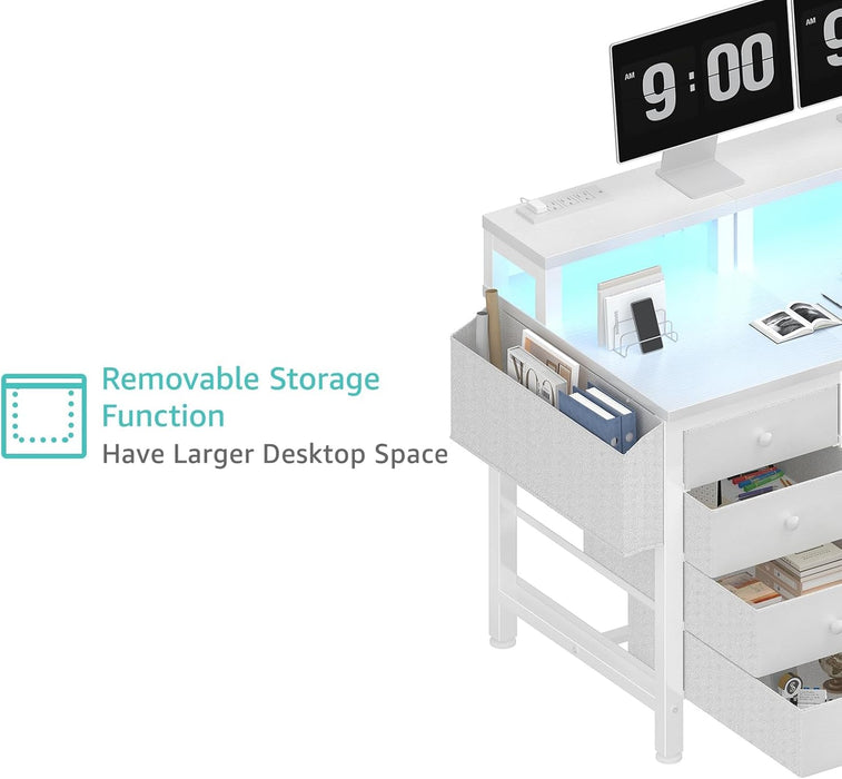 White Desk with 4 Drawers - 47 Inch Gaming Desk with Monitor Stand, Computer Gaming Desk with LED Lights Power Outlets and Storage Bag Fabric Drawer for Home Office, Bedroom, White