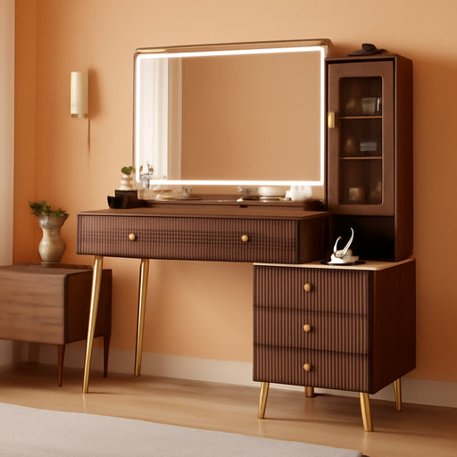 Vanity Desk with 35.12" HD Lighted Mirror, 46.85" Big Modern Vanity Desk with Mirror and Lights, Makeup Vanity with 7 Drawers and Storage Shelves and Charging Station, Walnut
