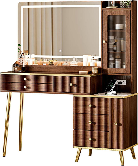 Vanity Desk with 35.12" HD Lighted Mirror, 46.85" Big Modern Vanity Desk with Mirror and Lights, Makeup Vanity with 7 Drawers and Storage Shelves and Charging Station, Walnut