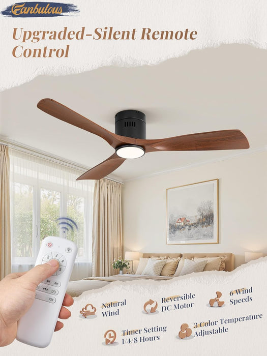 52" Ceiling Fans with Lights and Remote Control,Modern Flush Mount Ceiling Fan with 3 Cct,Low Profile Ceiling Fans with 6-Speeds Reversible DC Motor for Patio Living Room Bedroom(Walnut)