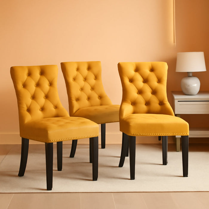 Velvet Dining Chairs Set of 4, Tufted Upholstered Dining Chairs with Nailhead Back and Ring Pull Trim, Solid Wood Dining Chairs for Kitchen/Bedroom/Dining Room (Gold)