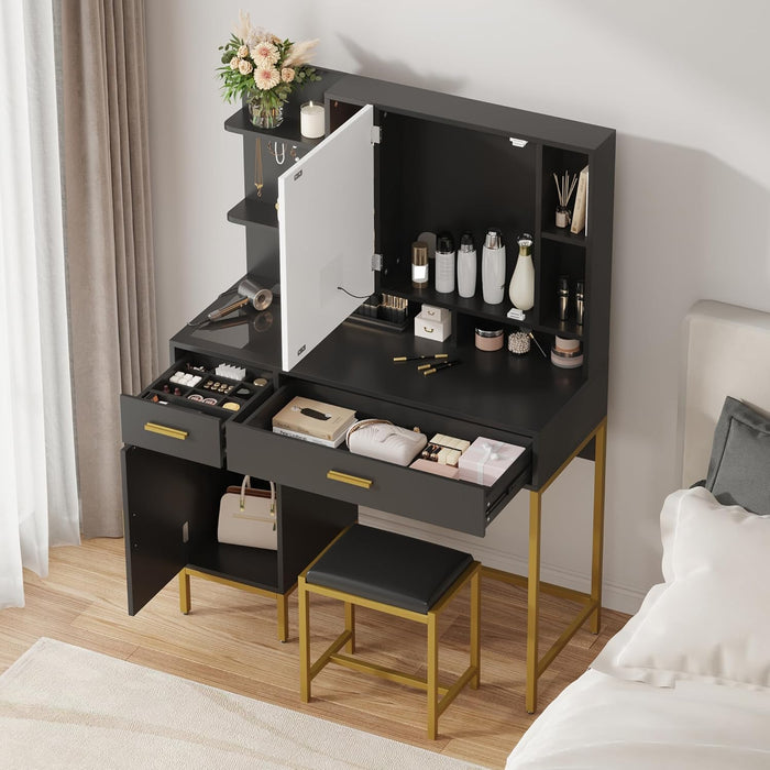 Makeup Vanity Desk, Vanity Desk with Lights in 3 Colors, Vanity Table with Charging Station, Visible Drawers, Black