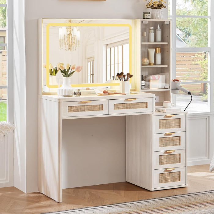 Fluted Makeup Vanity Desk with Mirror and Lights, 43.5'' Blue Vanity Table with Glass Top and Power Outlet, Make up Vanity with 6 Drawers and Adjustable Shelves for Bedroom