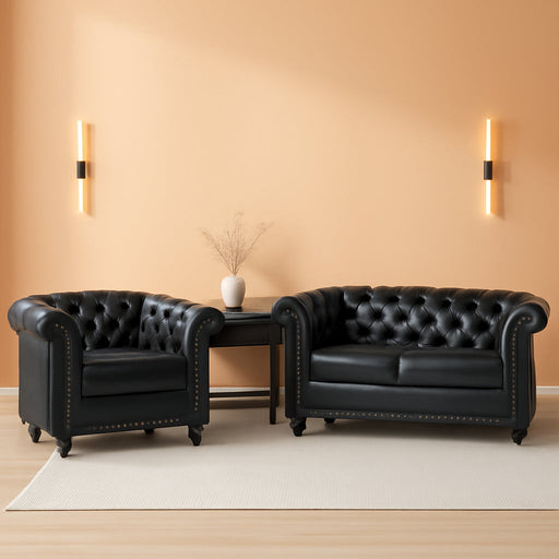 2 Pieces of Living Room Furniture Sofa Sets,Modern Contemporary Tufted Button Faux Leather Accent Club Chair&Chesterfield Loveseat Sofas Set with Nailhead Trim Scroll Arms for Home,Black
