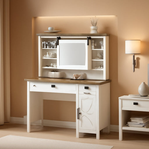 Farmhouse Makeup Vanity Desk with Sliding Mirror and Lights, 42'' Glass Tabletop Vanity Table with 2 Drawers & Shelves, Rustic Big Vanity Set for Bedroom, Antique White