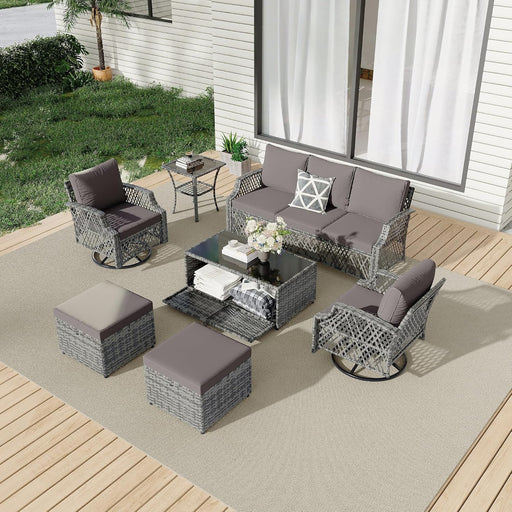 7 Piece Patio Furniture Set, Wicker Outdoor Conversation Set with Swivel Chairs, 2 Ottomans, Storage Coffee Table, Rattan Outdoor Sectional Sofa for Deck Backyard Porch （7 Seats, Gray）