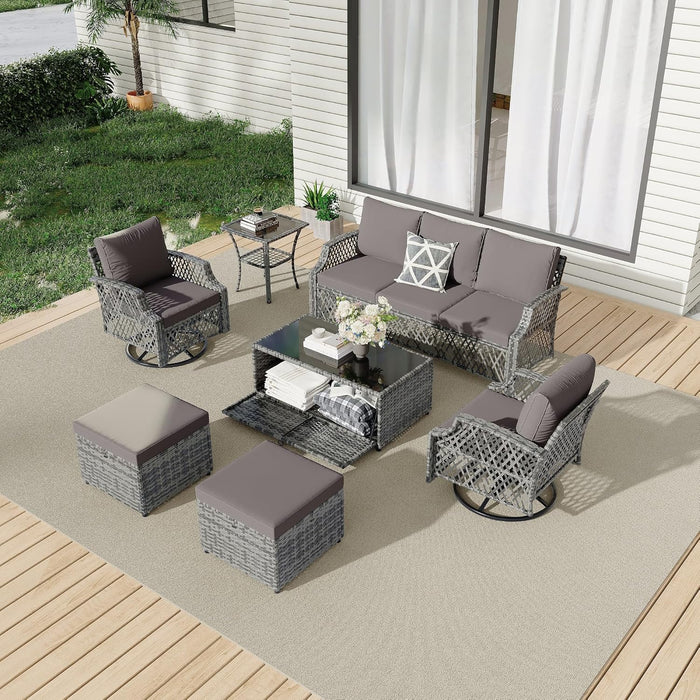 7 Piece Patio Furniture Set, Wicker Outdoor Conversation Set with Swivel Chairs, 2 Ottomans, Storage Coffee Table, Rattan Outdoor Sectional Sofa for Deck Backyard Porch （7 Seats, Gray）