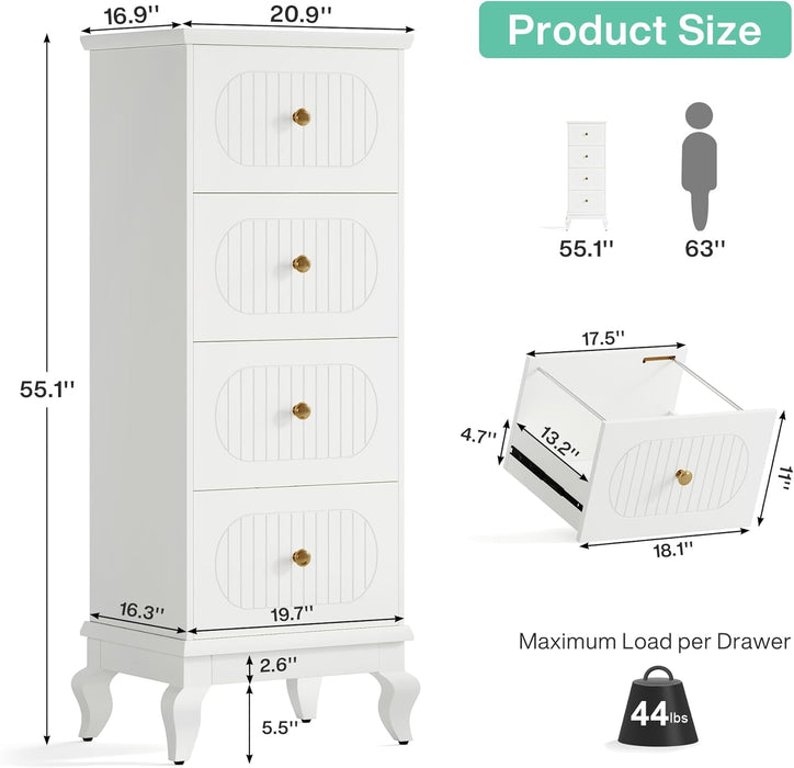 White Wooden File Cabinet, 4 Drawers, Adjustable