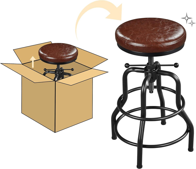 Industrial Bar Stool Vintage Counter Height Stool with round Faux Leather Seat Metal Stool Adjustable Kitchen Stool 21.5-28 Inch Tall Brown, 1PCS