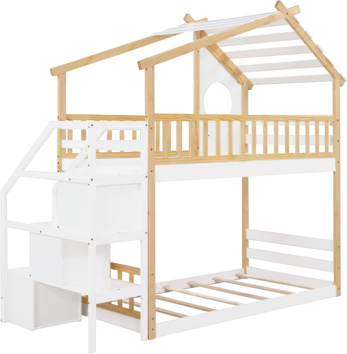 Twin over Twin House Bunk Bed with Storage Stairs, Wood Playhouse Bunk Bed Frame with Stairway and Guardrail for Kids Girls Boys, Natural+White