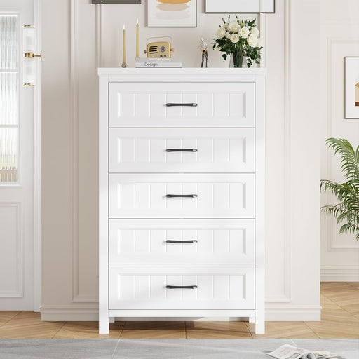 5 Drawer Dresser for Bedroom - Farmhouse 44.9" Tall Chest of Dresser with Large Storage, Rubst Wood Construction for Living Room, Hallway & Entryway - White