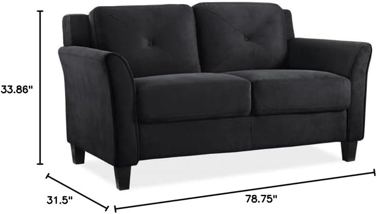 2-Piece Polyester Microfiber Fabric Upholstered Sofa Set with 78" W Sofa & 56" W Loveseat, Curved Arms, Sturdy Wood Frame & Legs, Tufted Back Cushions, in Black Finish