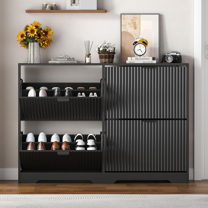 Black Fluted Shoe Cabinet With Adjustable Shelving