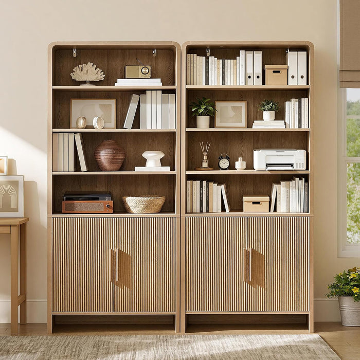 71" Modern Bookcase Set of 2 with Storage Cabinet & Fluted Doors | 6-Tier Bookshelf with 3 Adjustable Shelves, Wood Curved Display Cabinet for Living Room, Dining Room, Home Office, Natural