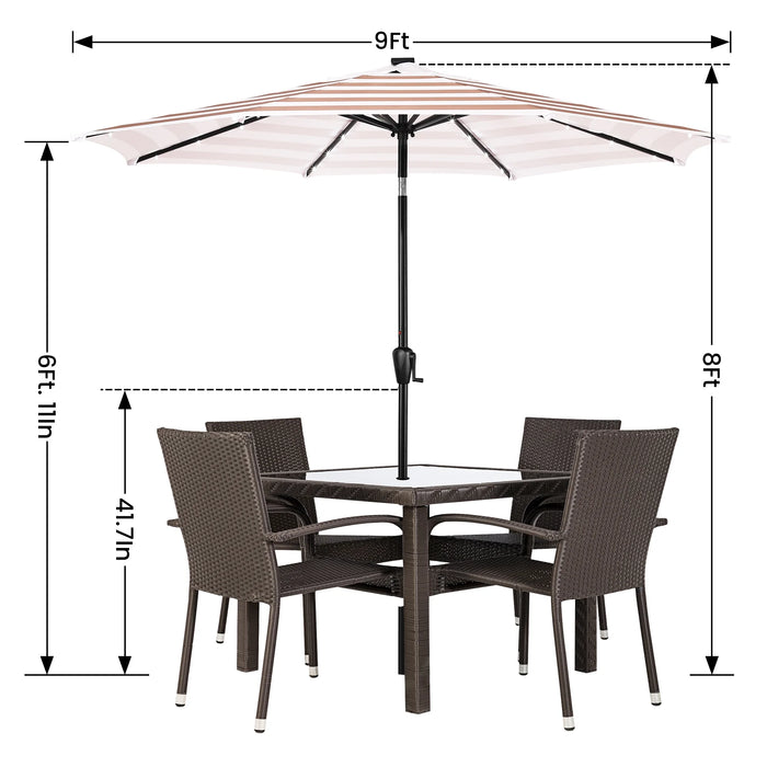 9 FT 32 LED Patio Solar Umbrella W/ Push Button Tilt and Crank Outdoor Umbrella, 8 Sturdy Ribs, UV Protection, Solution-Dyed Fabric, Beige and White Stripe