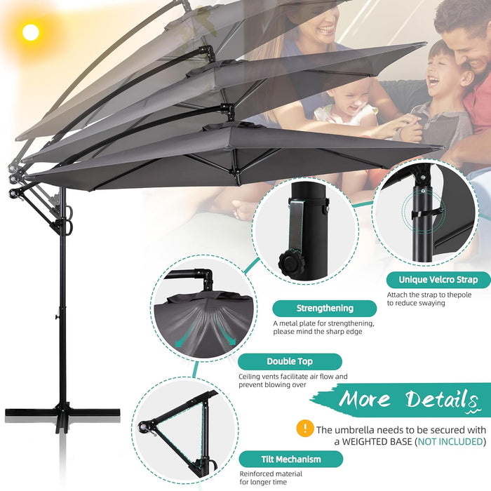 Offset Patio Umbrella with Easy Tilt Adjustment,Crank and Cross Base, Outdoor Cantilever Hanging Umbrella, Sunshade Free Standing Canopy, Dark Gray