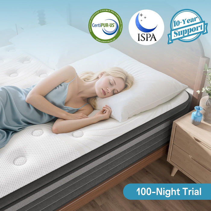 Queen Mattress 10 Inch Hybrid Mattress in a Box, Medium Firm Queen Size Bed Mattresses with Zoned Support, Memory Foam and Pocket Springs for Motion Isolation&Pressure Relief, Certipur-Us
