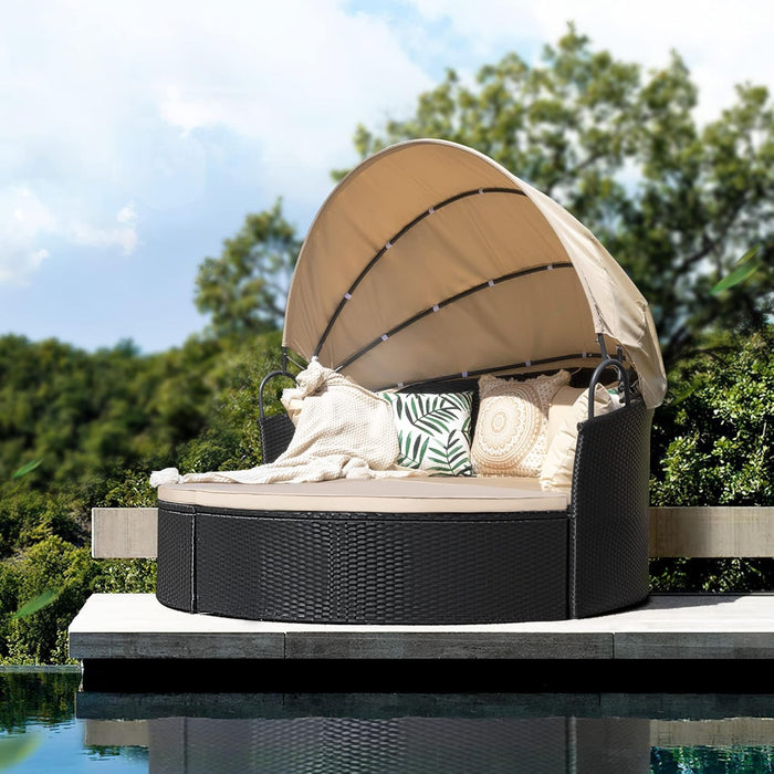 Patio Furniture round Outdoor Daybed with Retractable Canopy Wicker Rattan Sectional Sofa for Lawn Garden Backyard Pool, Beige