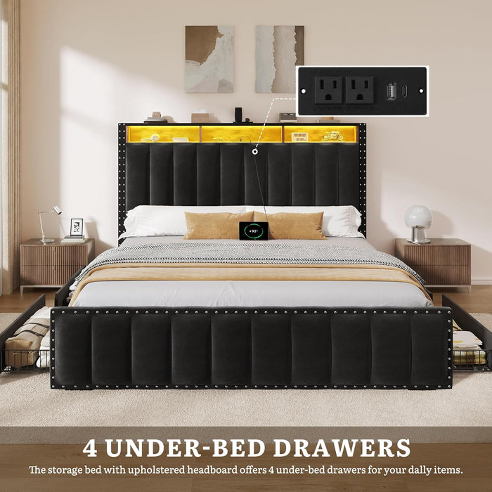 Queen Size Bed Frame with 4 Storage Drawers and RGB LED Lights, Velvet Upholstered Platform Bed with Charging Station and Storage Headboard, No Box Spring Needed, Easy Assembly, Black