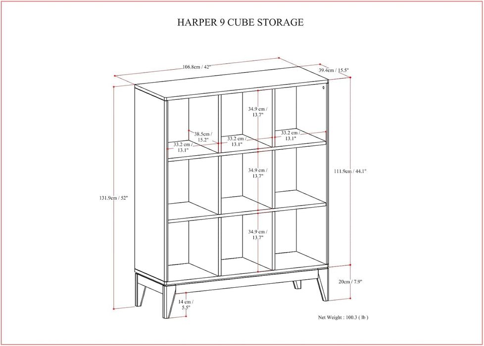 Harper 52" Tall Solid Wood 9-Cube Bookcase in Walnut Brown | Mid-Century Modern Cube Organizer with Angled Frame and Tapered Legs for Living Room or Office; Bookshelf, Shelving Unit.